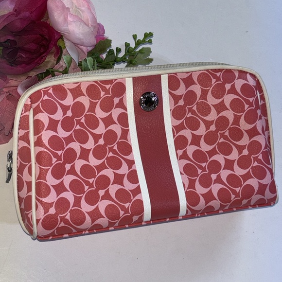 Coach Coated Canvas Pink Red Cosmetics Pouch 9” Coach coated Canvas Travel - Picture 16 of 16